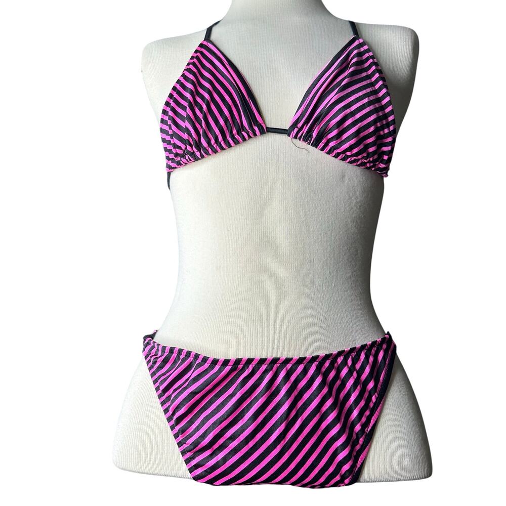 Vintage y2k/90s String Bikini Swim Suit Pink Black Stripe 
Womens SZ M/L